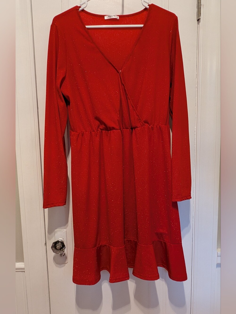 Red Long-Sleeve V-Neck Wrap Dress